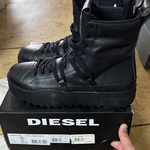 Diesel Black Leather High-Top Platform Lace-Up Boots